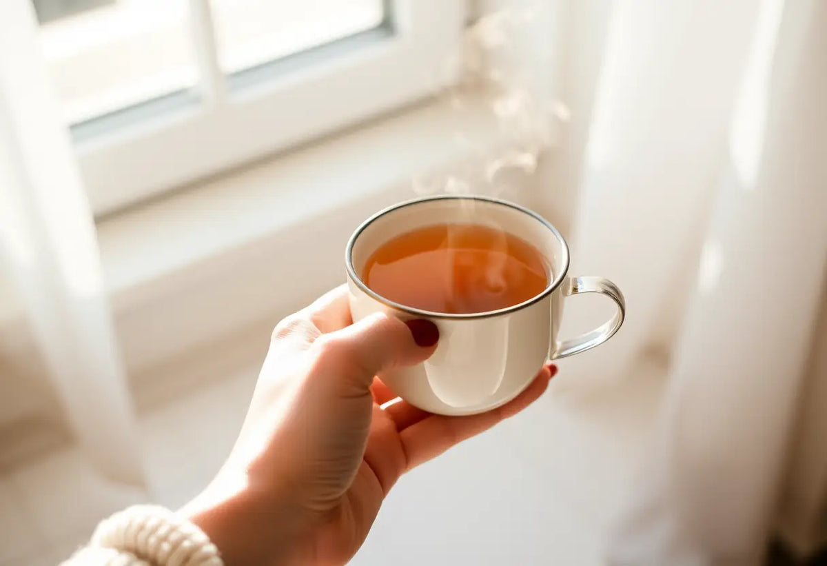 Une main tenant une tasse de thé aromatique, la fumée se dégage doucement