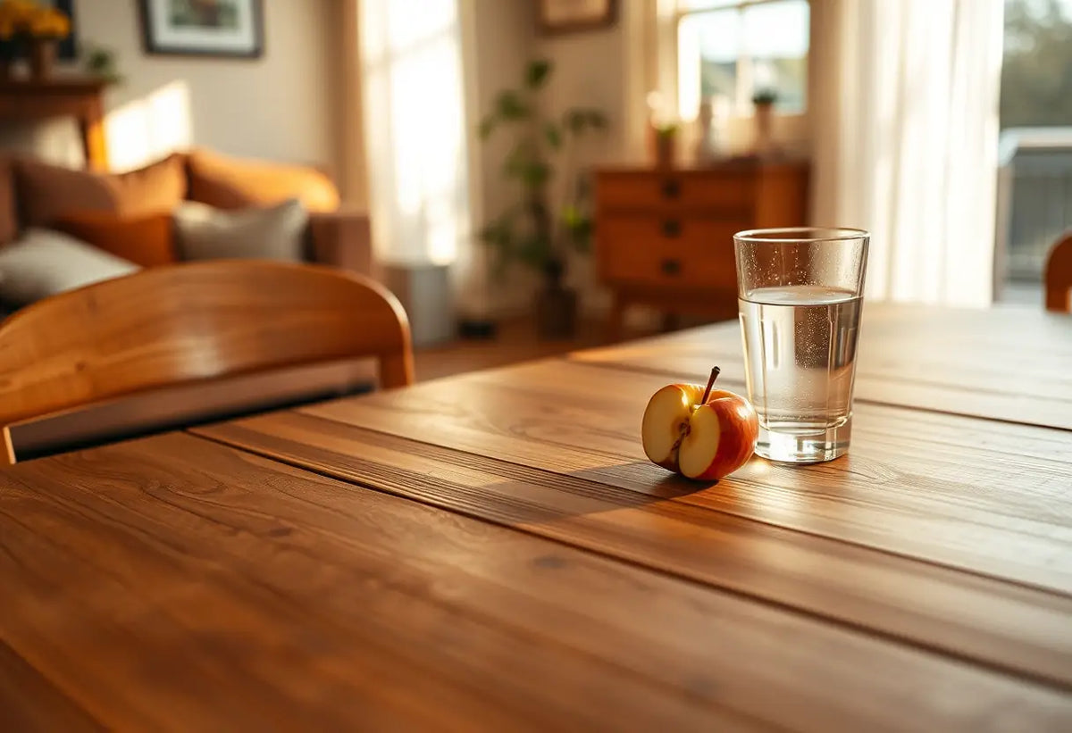 Table de cuisine avec pomme et verre d'eau dans un salon accueillant