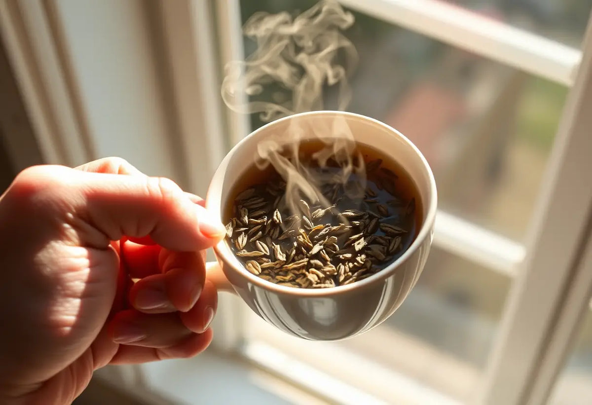 Une main tenant une tasse de thé aux herbes