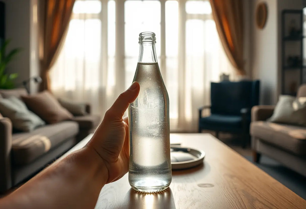 Une main tenant une bouteille sur une table dans un salon chaleureux