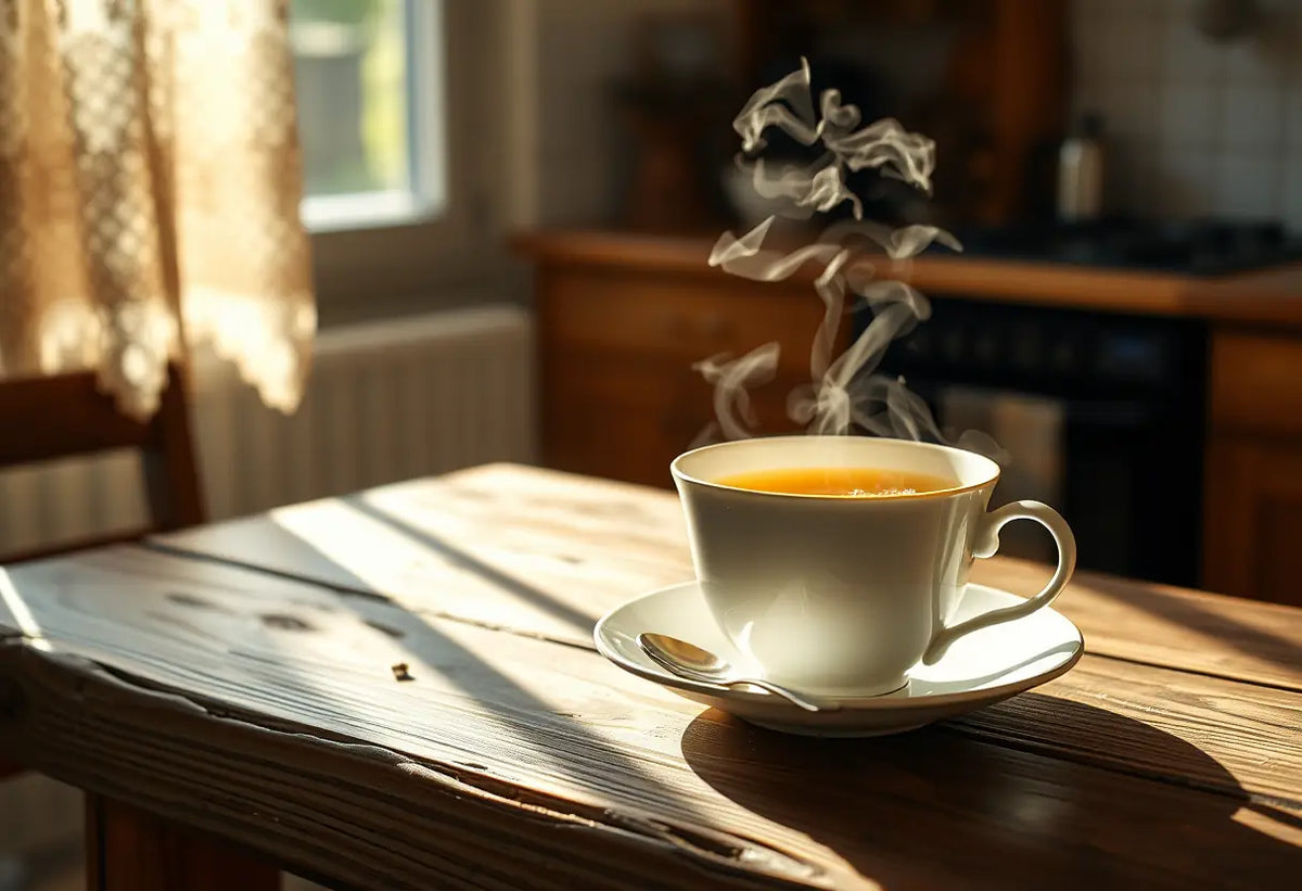 Une tasse de thé posée sur une table avec un couvert à côté