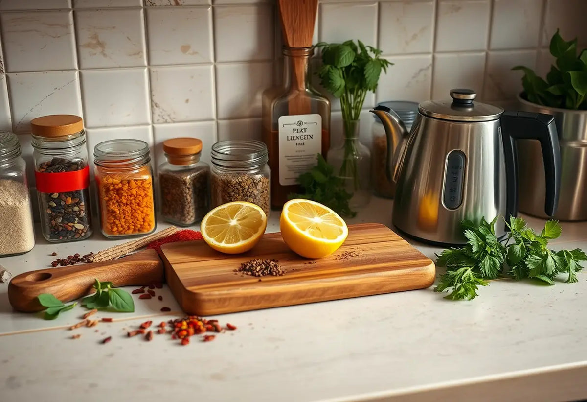 Un plan de travail de cuisine avec divers épices, un citron tranché et une théière