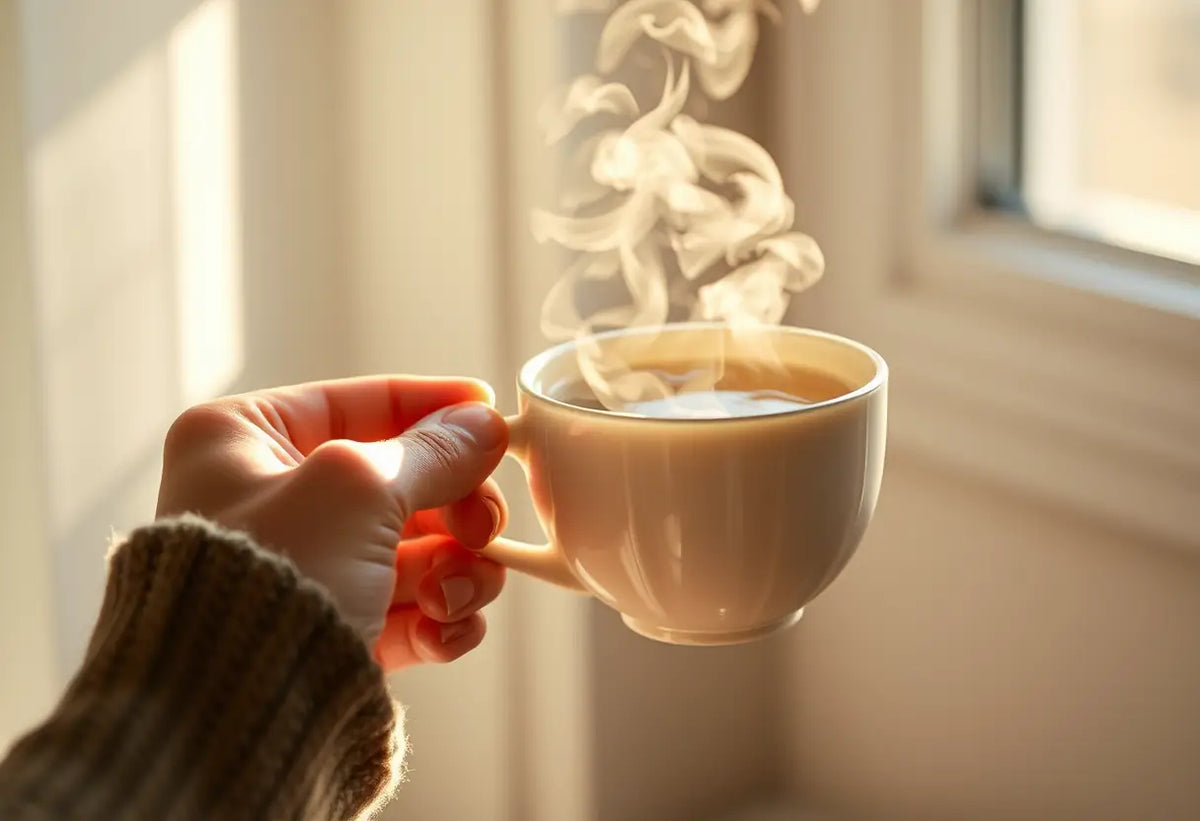 Une main tenant une tasse de thé chaud pour apaiser les inquiétudes