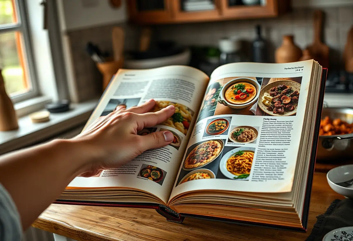 Une main tourne les pages d'un grand livre de cuisine usé, rempli d'images colorées de plats divers.