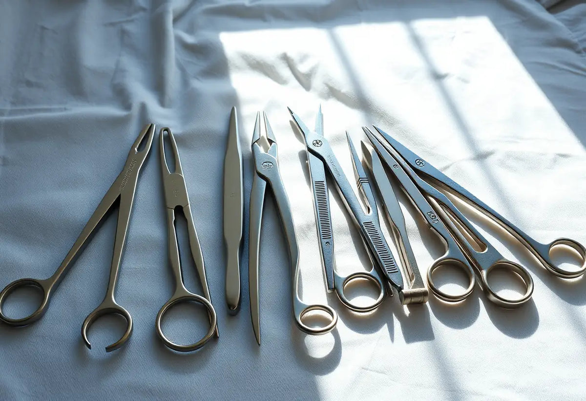 Ensemble d'instruments chirurgicaux sur un linge blanc