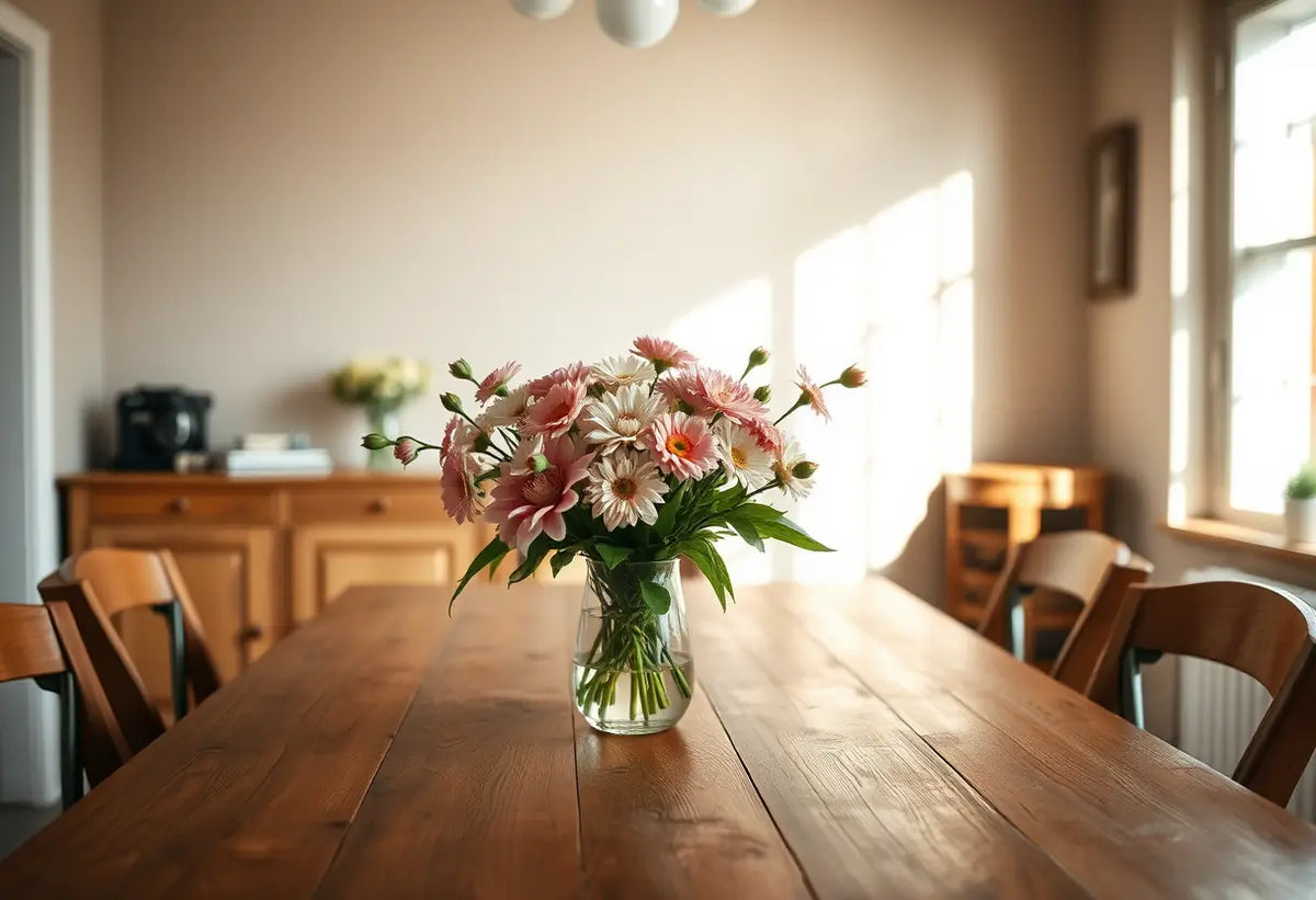 Un bureau avec une vasque de fleurs fraîches au milieu, lumière naturelle chaude