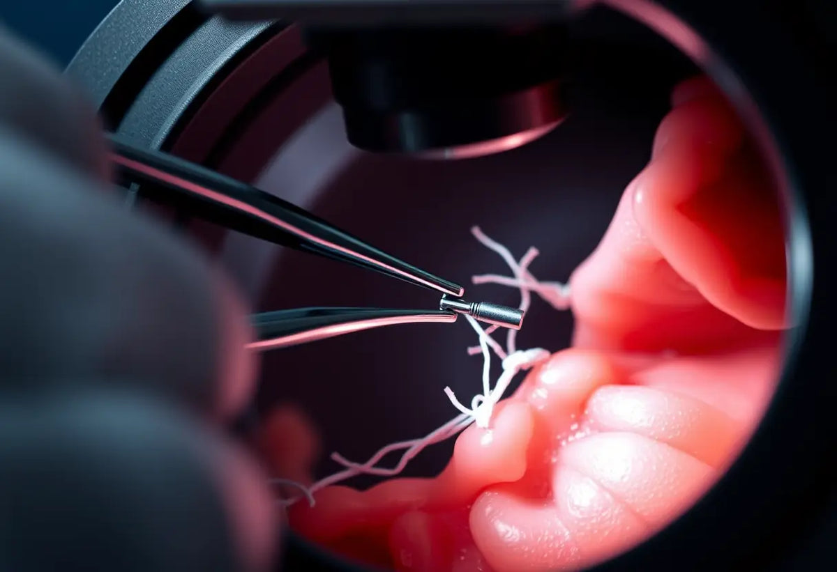Chirurgien utilisant des pinces métalliques pour manipuler des tissus dans un microscope chirurgical