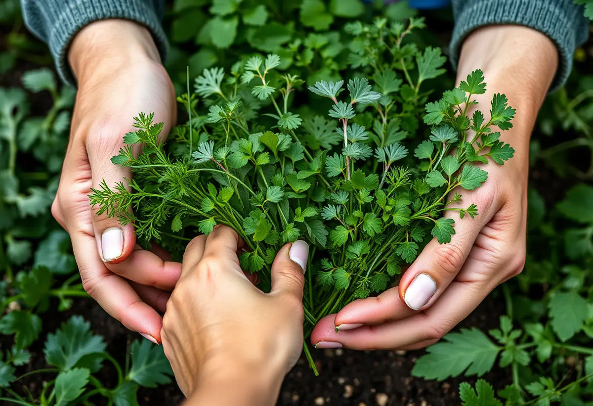 Des mains arrangeant des herbes fraîches dans un potager, illustrant le souci de santé personnelle