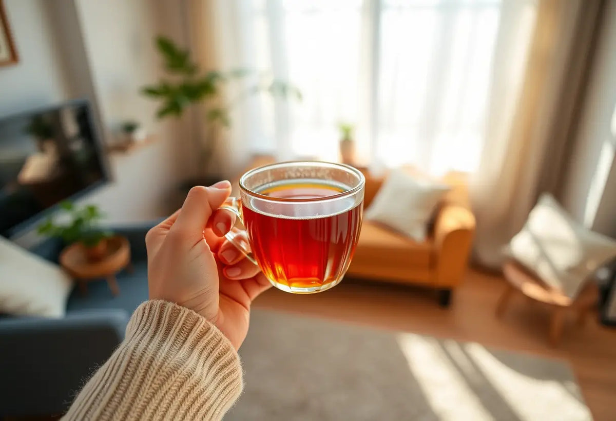 Une main tenant une tasse de thé dans une pièce accueillante, thème de la prise de poids après une ligature des trompes.