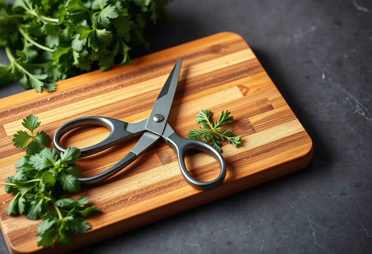 Des ciseaux posés sur un plan de découpe en bois avec des herbes fraîches, symbole des choix en matière de santé.