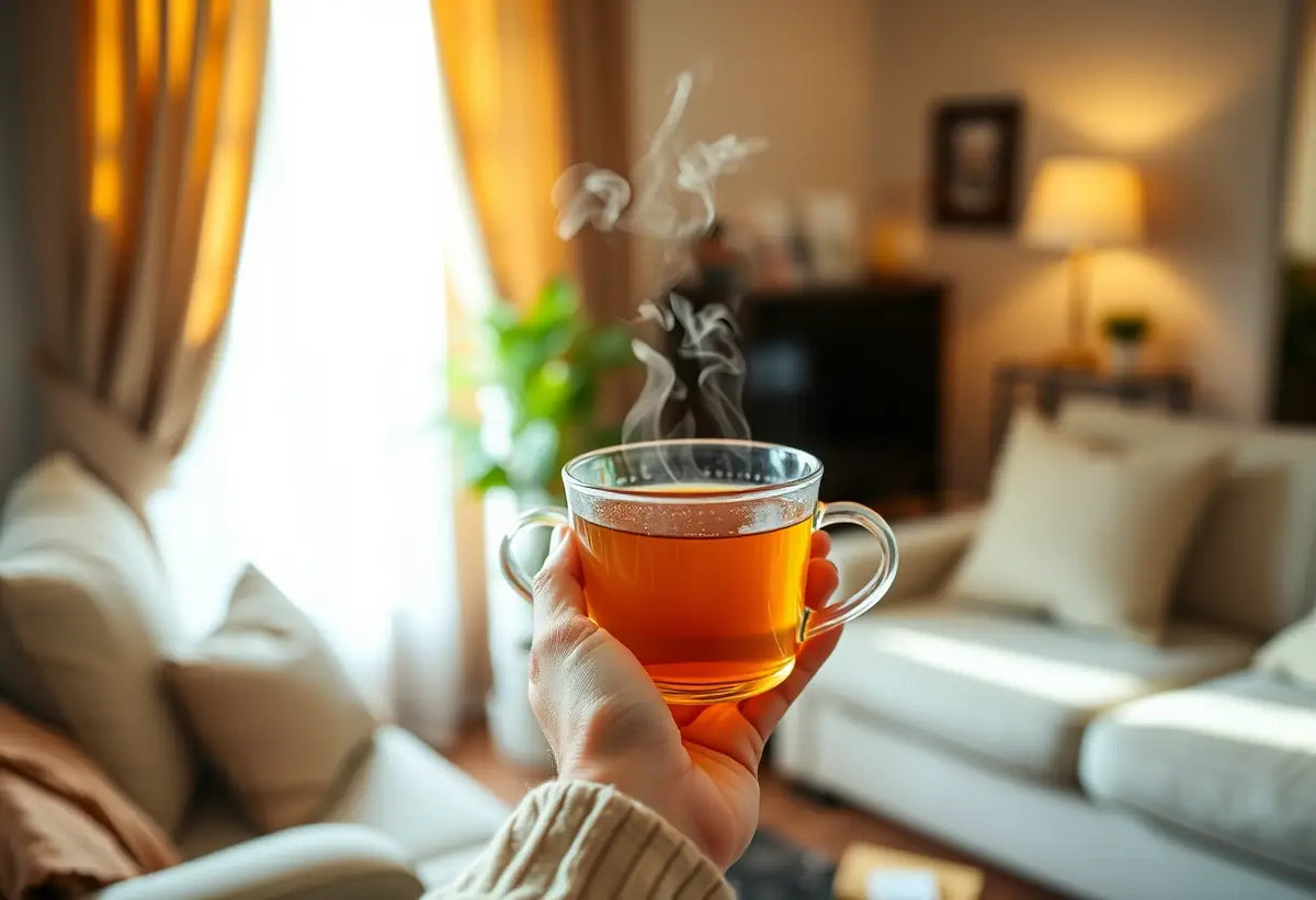 Une main tenant une tasse de thé chaud dans un salon accueillant