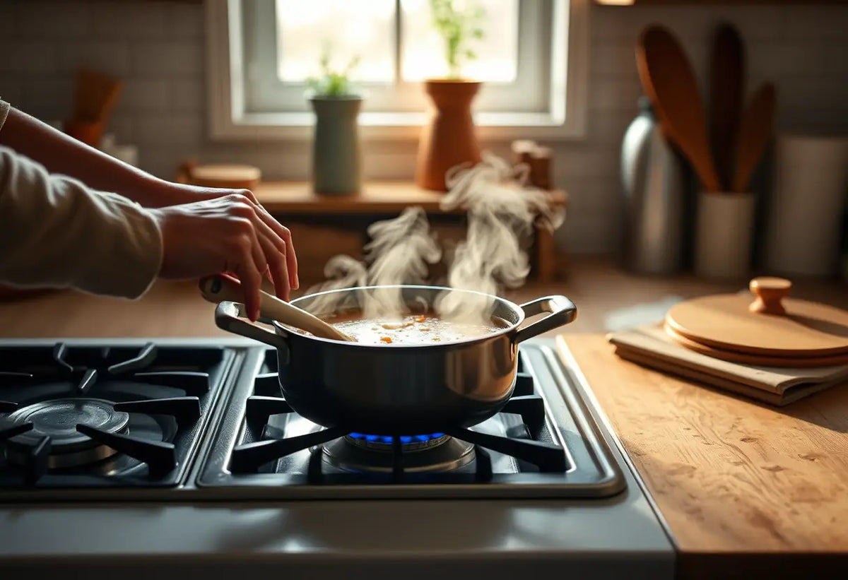 Des mains remuent délicatement une marmite de soupe chaude dans une cuisine accueillante, éclairée par la lumière du matin