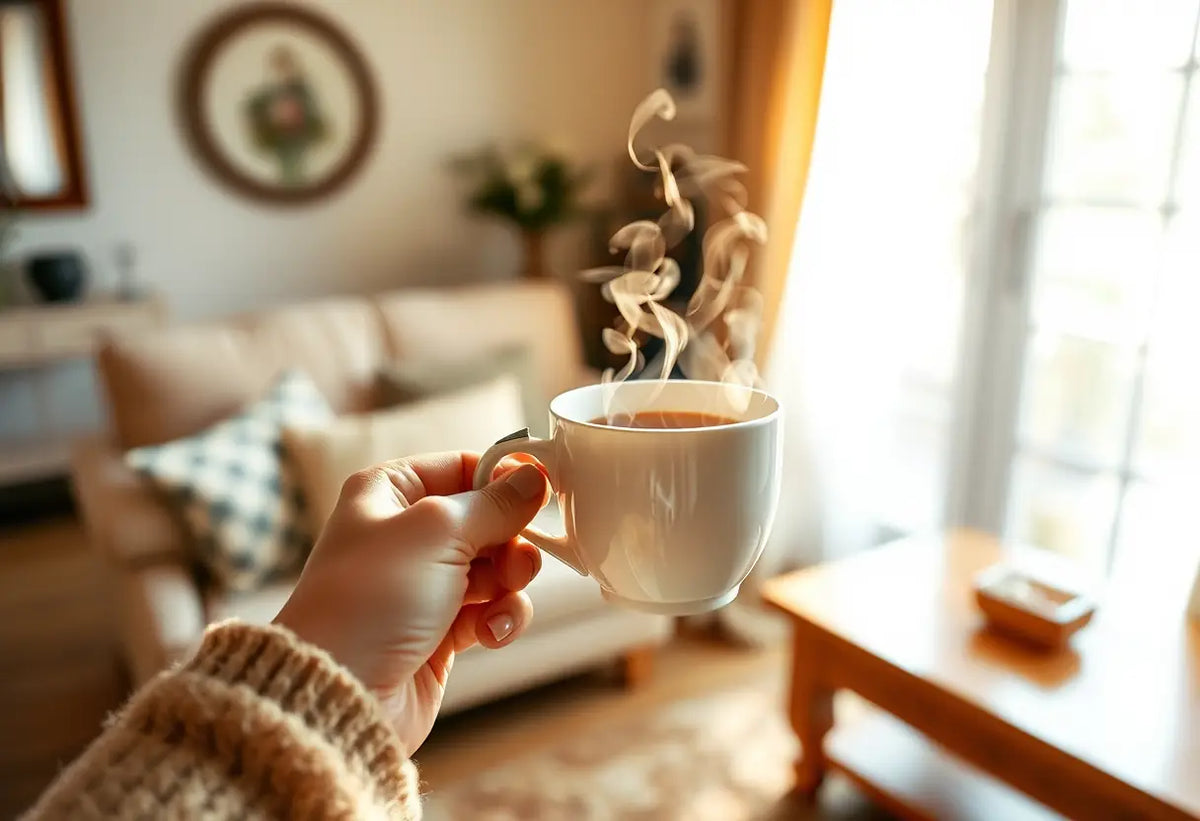 Une main tenant une tasse de thé chaud dans un salon accueillant