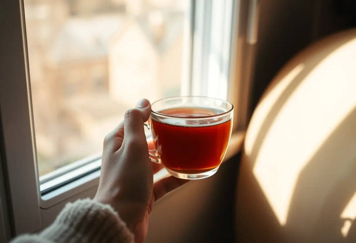 main de femme tenant une tasse de thé, fenêtre ouverte