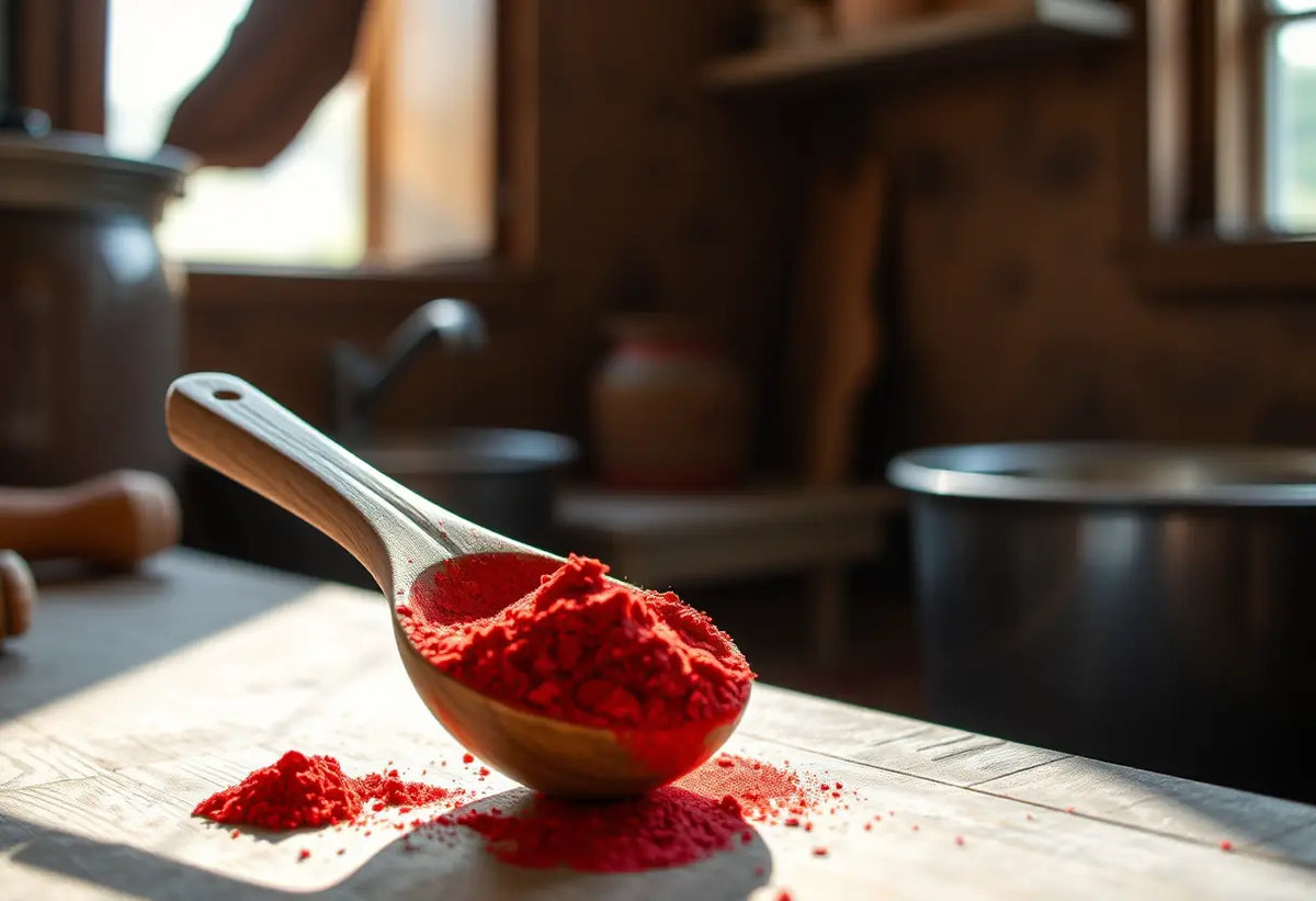 Poudre rouge de maca dans une cuillère en bois