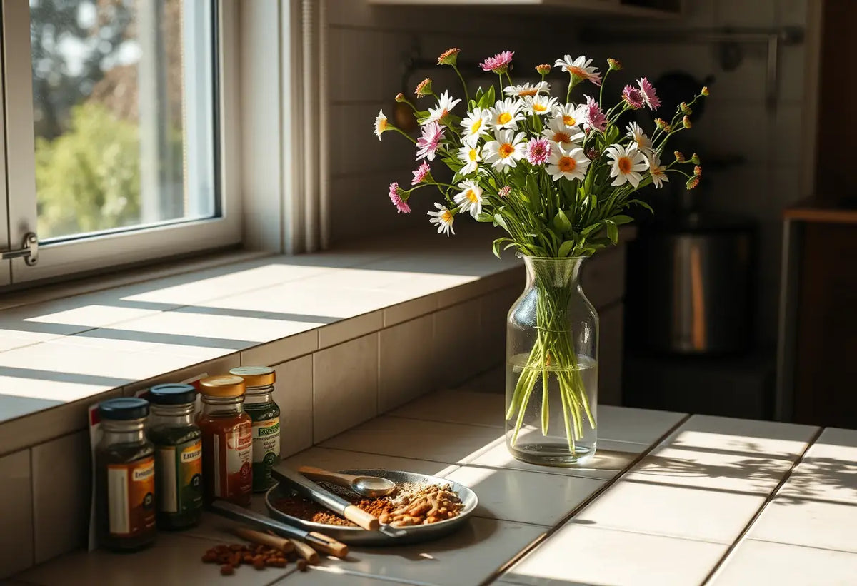 Un vase rempli de fleurs fraîches sur un plan de travail de cuisine, éclairé par la lumière du matin.