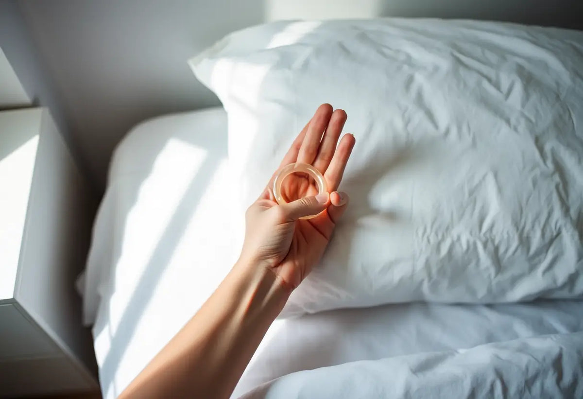 Main tenant un préservatif roulé sur un coussin de literie dans un recoin éclairé