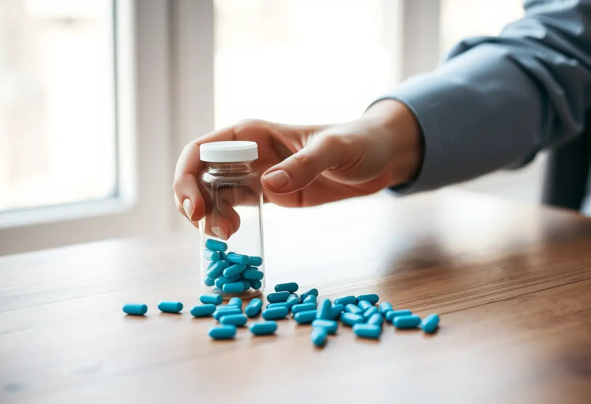 Un homme tient un flacon de comprimés bleus sur une table en bois, liés à la contraception masculine.