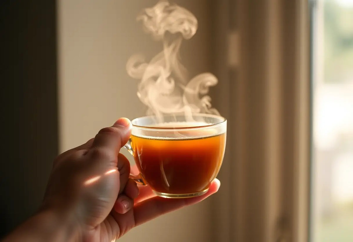 Une main tenant une tasse de thé aromatique, lumière naturelle