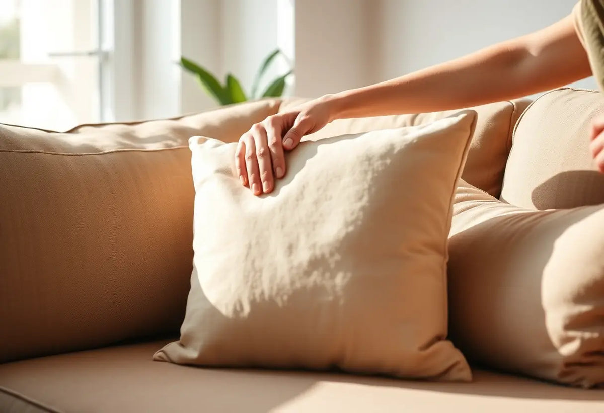 Main photo d'une main posant un coussin doux