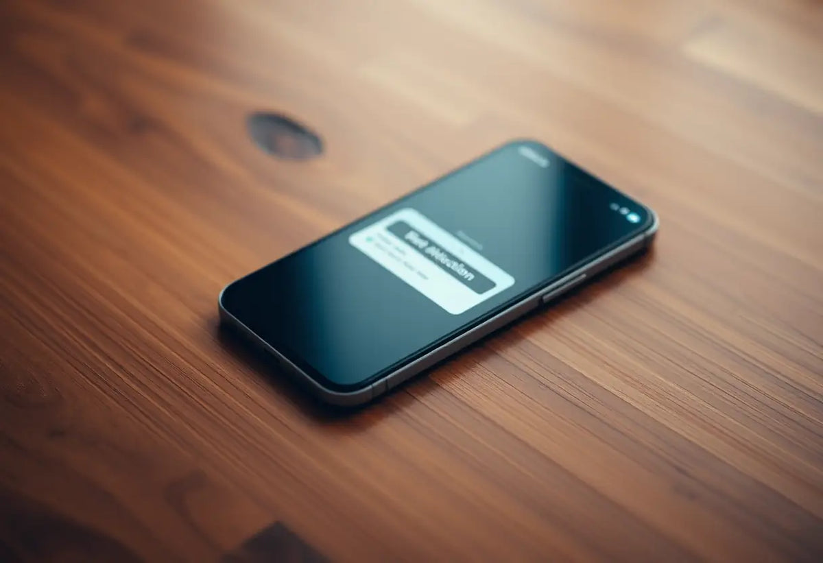 Smartphone sur une table en bois avec une lumière de notification qui clignote doucement, symbolisant la connexion digitale