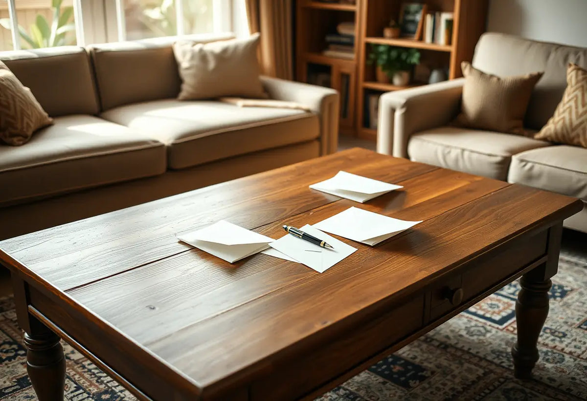 Table en bois dans un salon accueillant avec enveloppes ouvertes et stylo, flirt digital