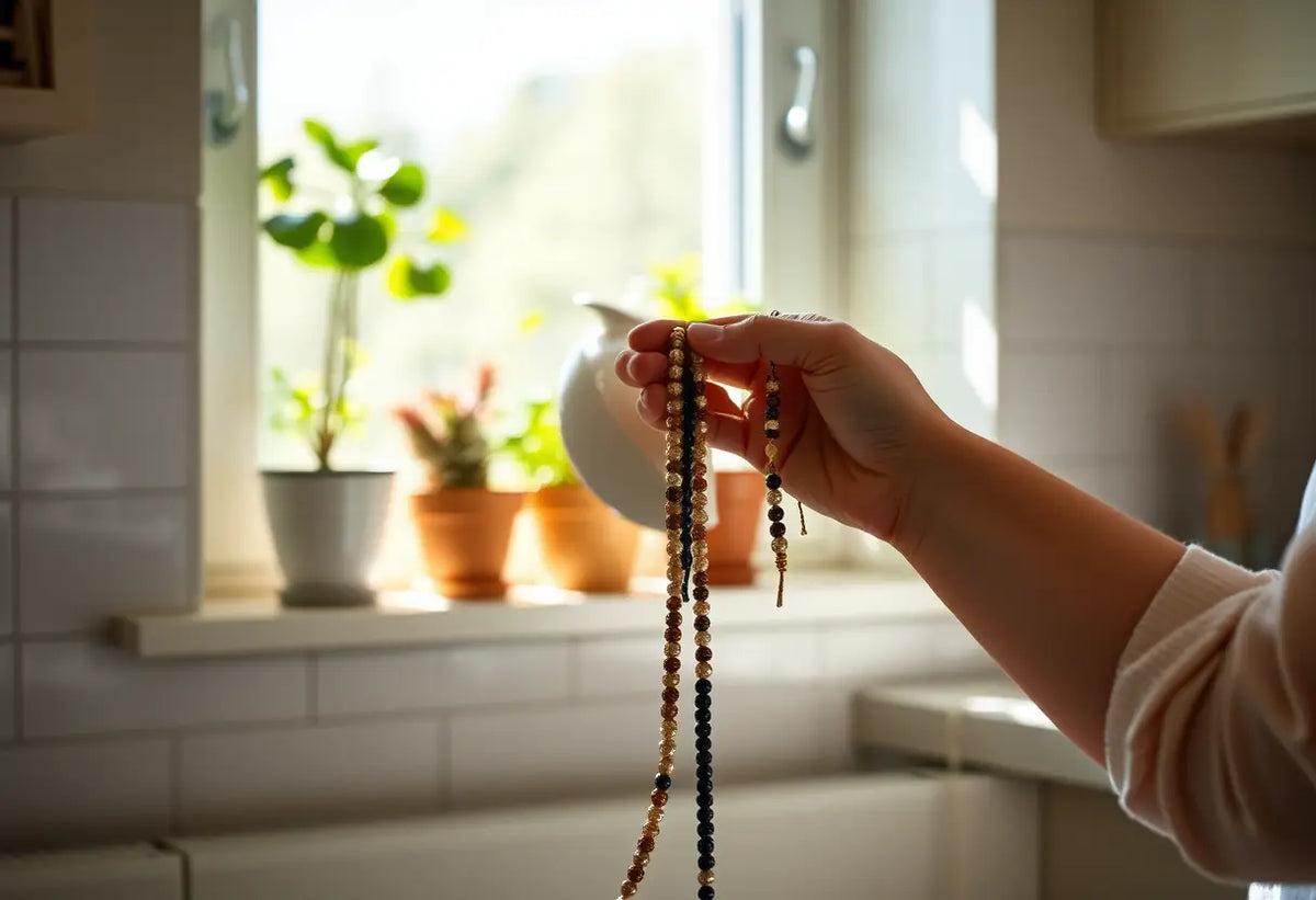 Mains placant des perles sur une corde dans une cuisine ensoleillée, près d'une fenêtre avec des plantes en pot