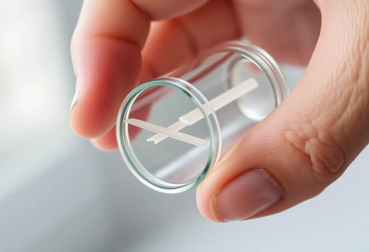 Une main tenant un petit contenant cylindrique en plastique transparent avec une bande blanche