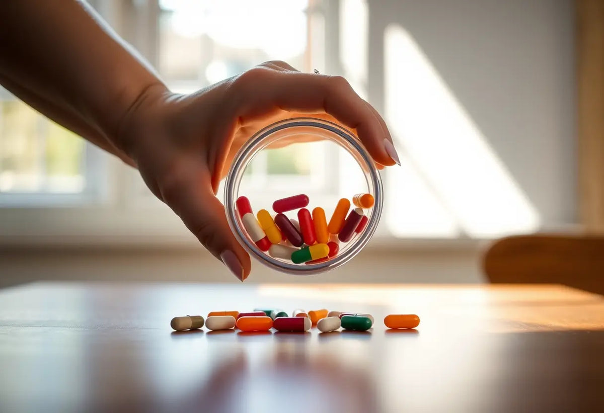 Une main féminine tient un contenant de comprimés pour la contraception