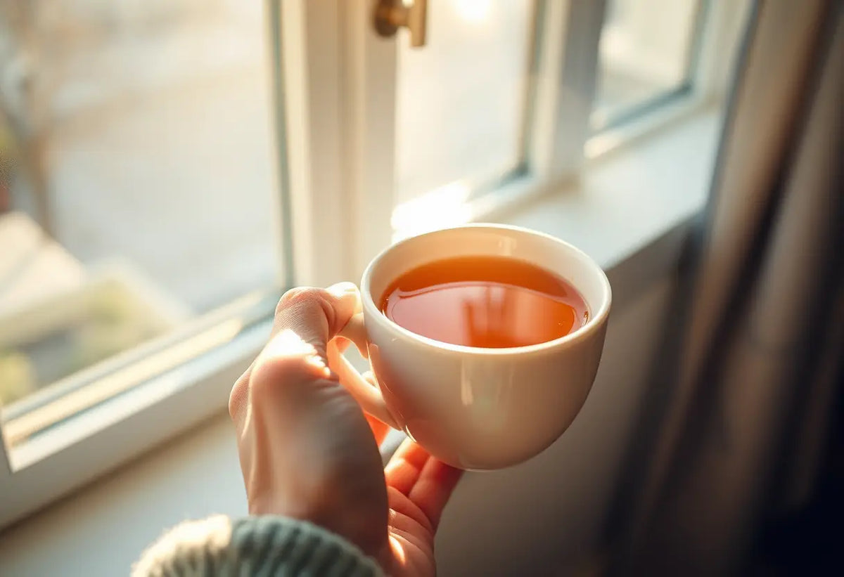 Une main tenant une tasse de thé aux herbes, éclairée par la lumière du soleil