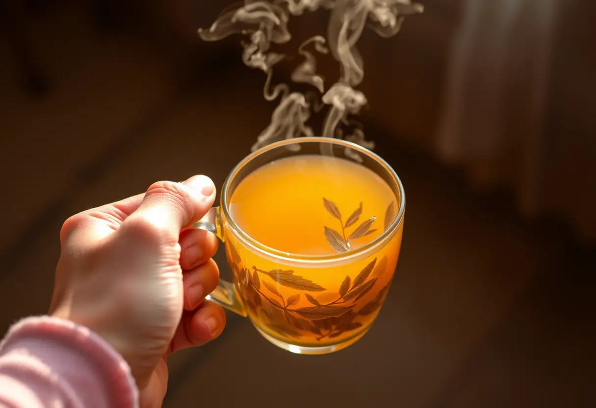 Une main tenant une tasse de thé herbeux, la vapeur s'élevant doucement