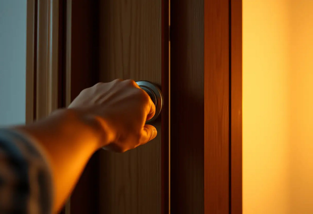 Une main atteint la poignée d'une porte de salle de bains