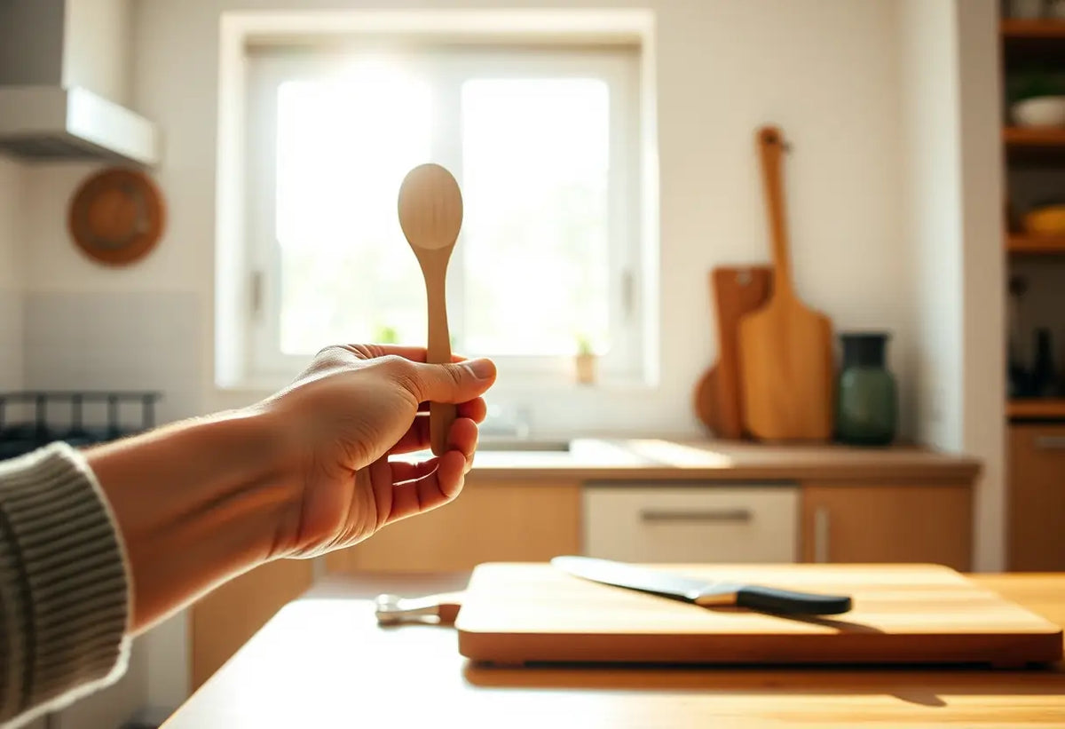 Une main tenant une cuillère en bois dans une cuisine accueillante