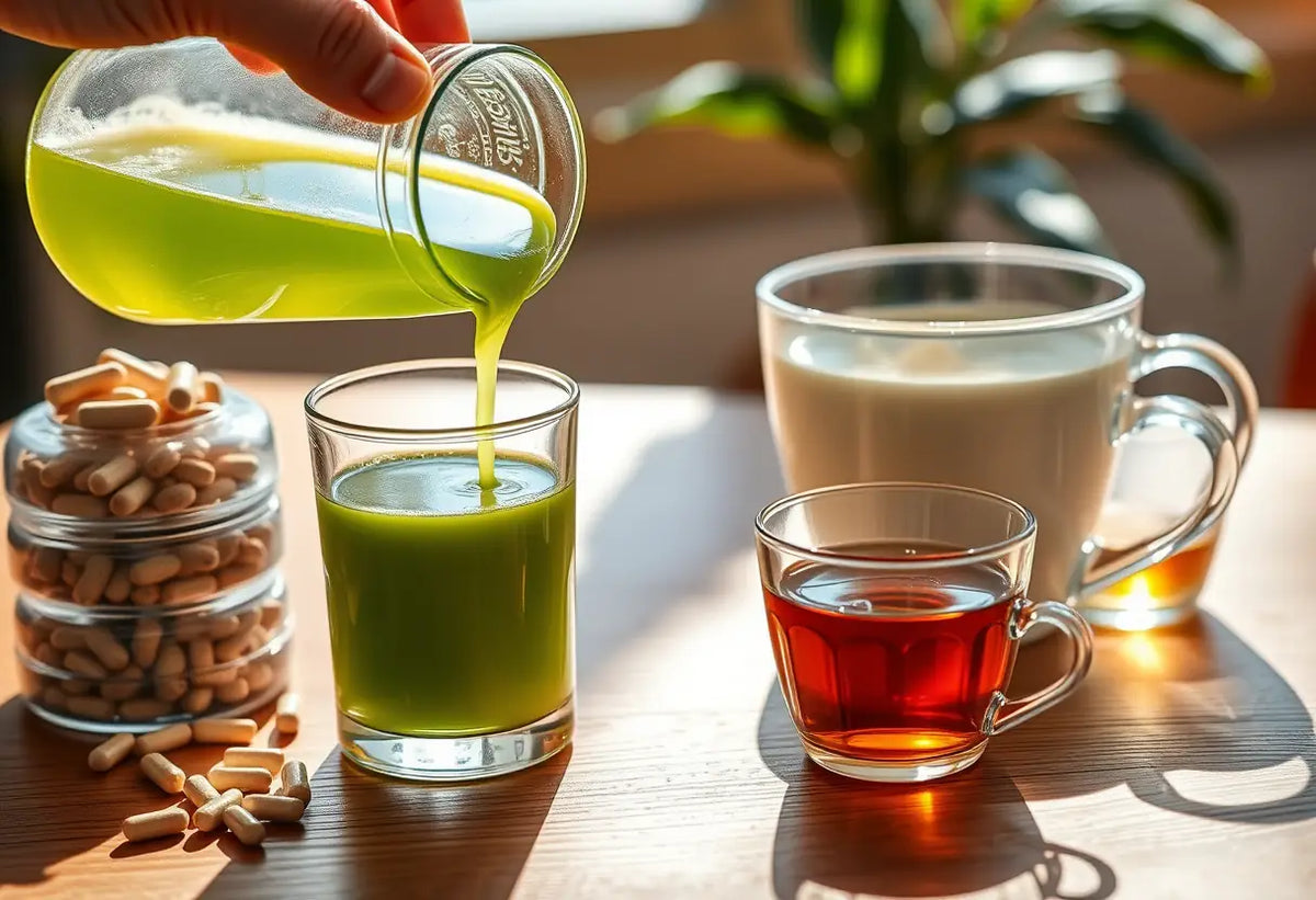 Une main verse une infusion verte dans un verre transparent, près d'un paquet d'extraits d'herbes