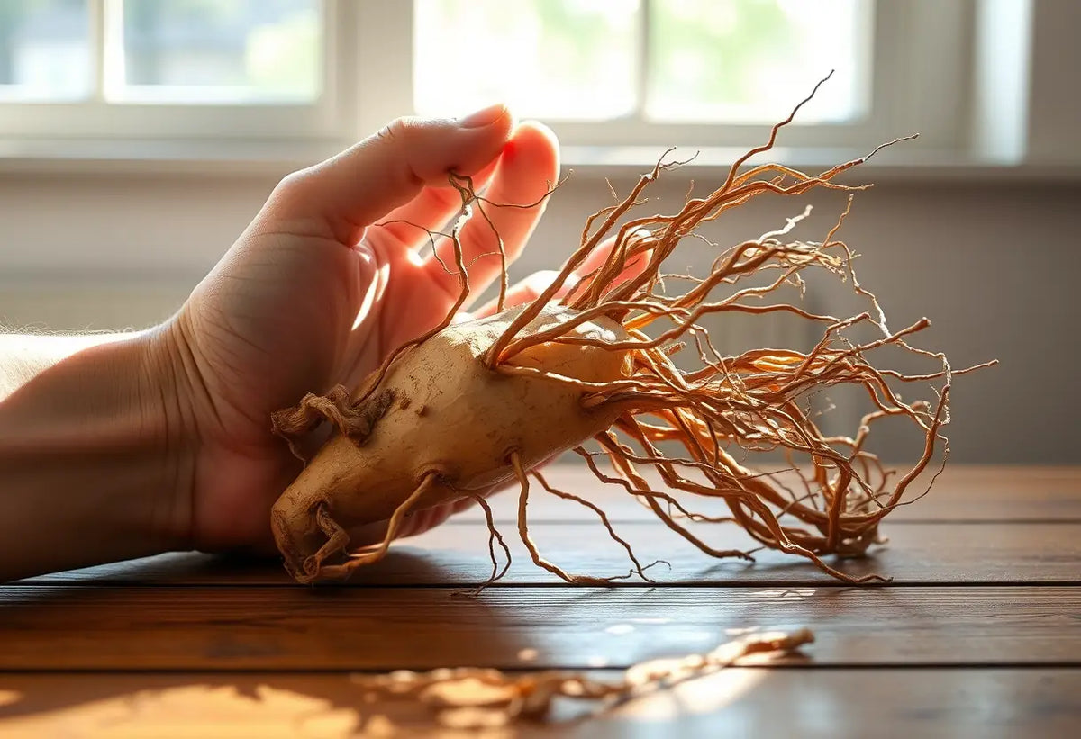 Une main tenant une racine de ginseng sèche sur un bureau en bois