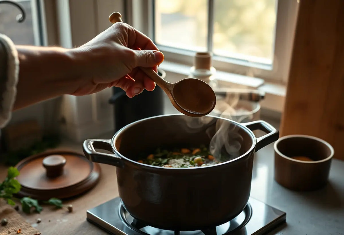Une main tenant une cuillère en bois au-dessus d'une marmite en argile remplie d'herbes médicinales, dans une cuisine