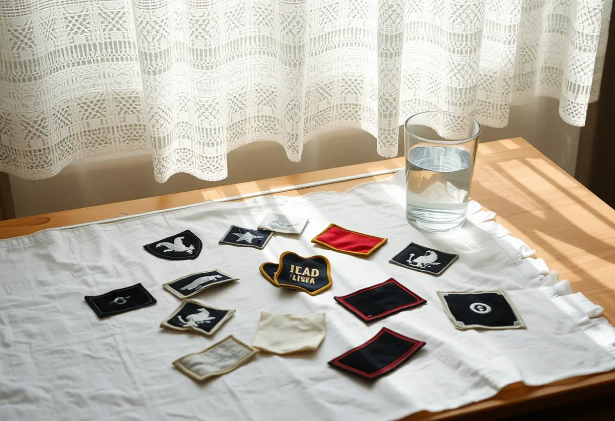 Des patchs sur un linge blanc posé sur une table en bois