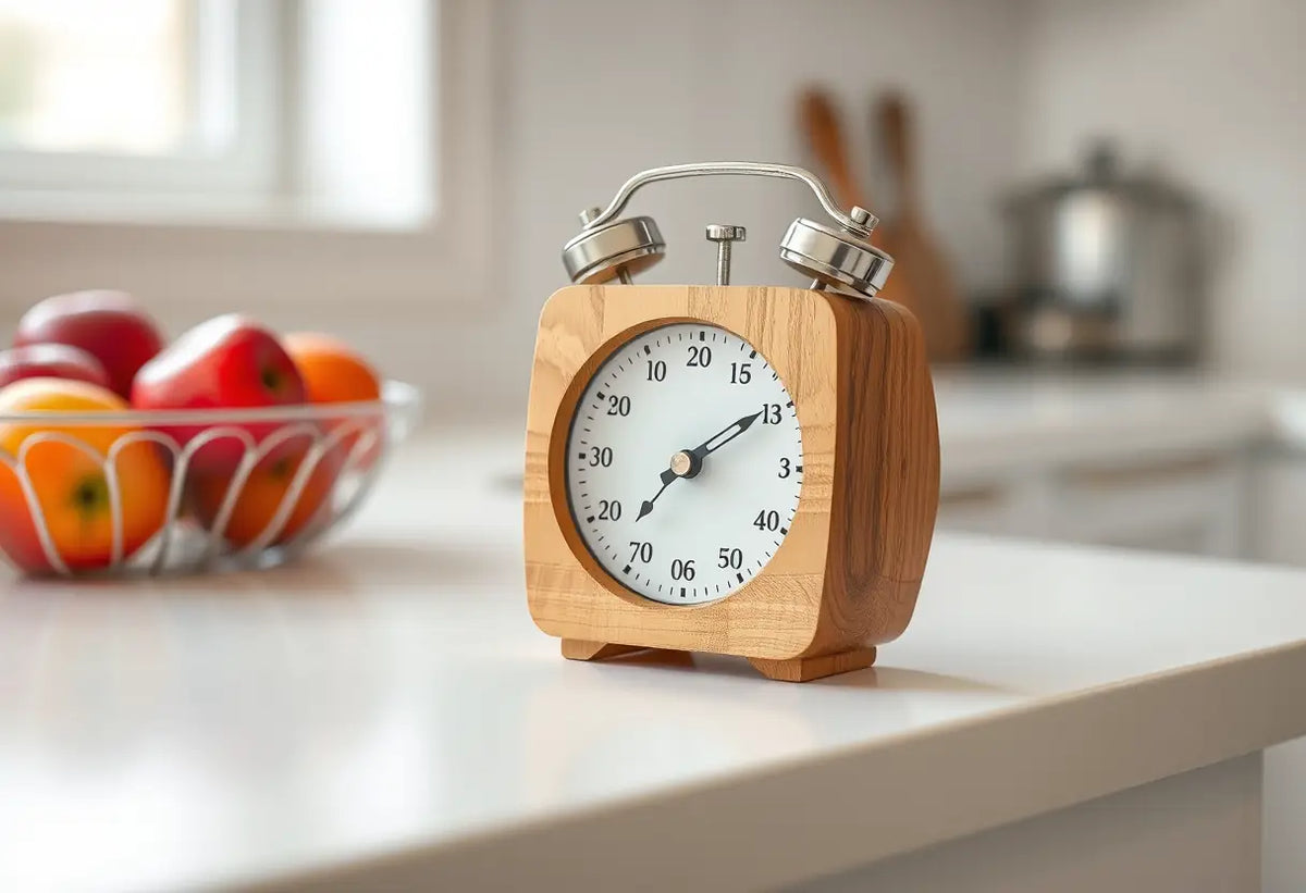 Minuteur en bois posé sur un plan de travail avec un bol de fruits frais