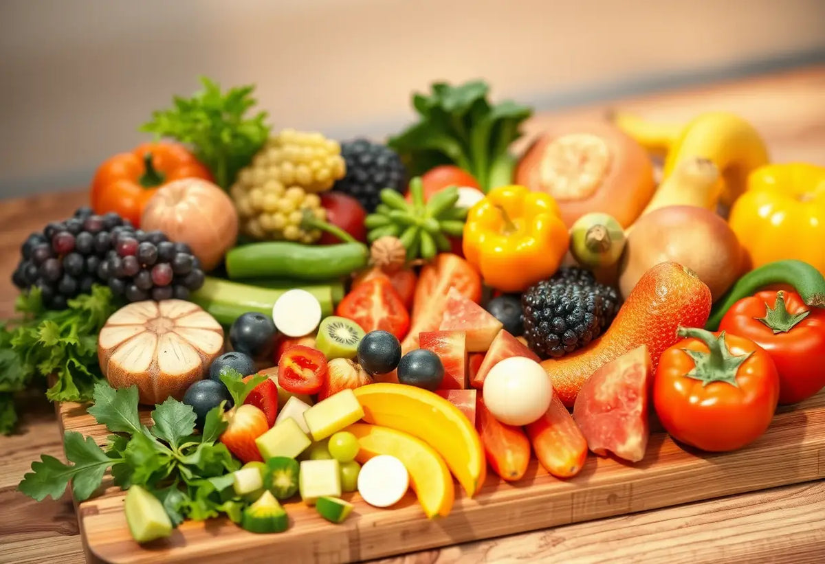 Assortiment de fruits et légumes sur un plan de travail pour équilibrer les hormones
