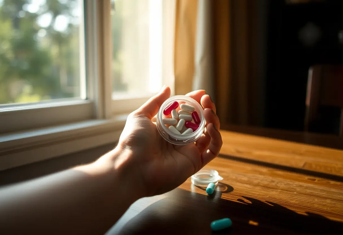 Une main féminine tenant un conteneur circulaire de pilules, lumière naturelle