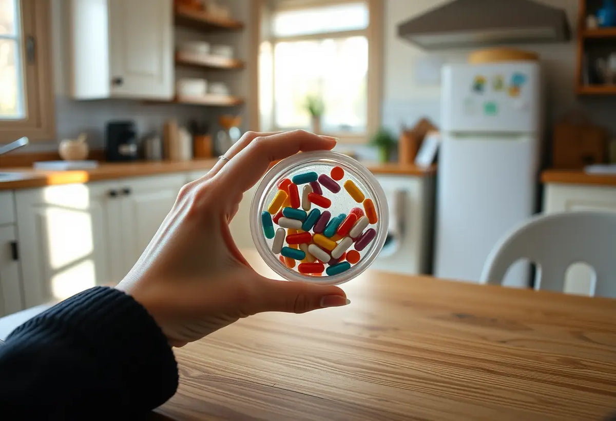 Maince boîte contenant des comprimés colorés