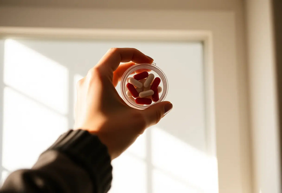 Main de femme tenant un conteneur circulaire de comprimés en plastique
