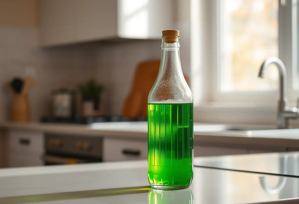 Un flacon vert sur un plan de travail de cuisine