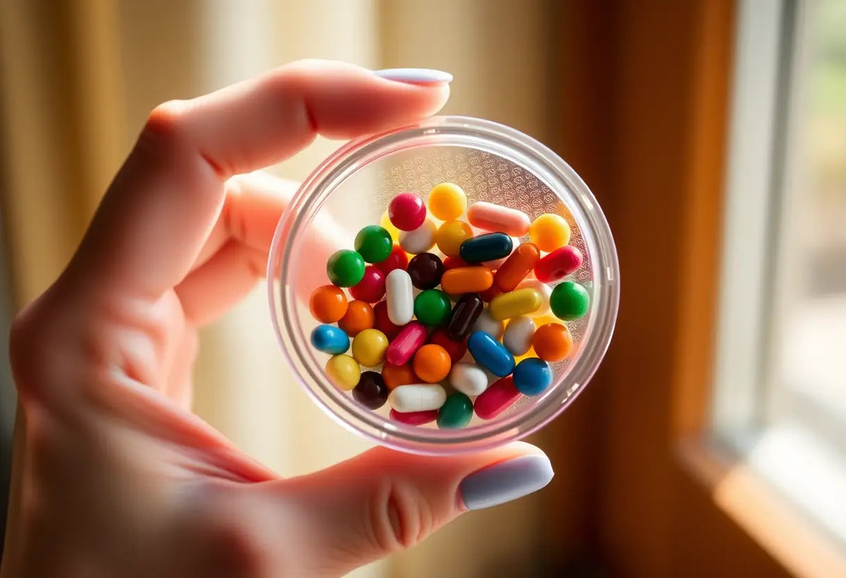 Une main féminine tient un contenant plastique circulaire rempli de comprimés colorés, éclairés par la lumière naturelle.