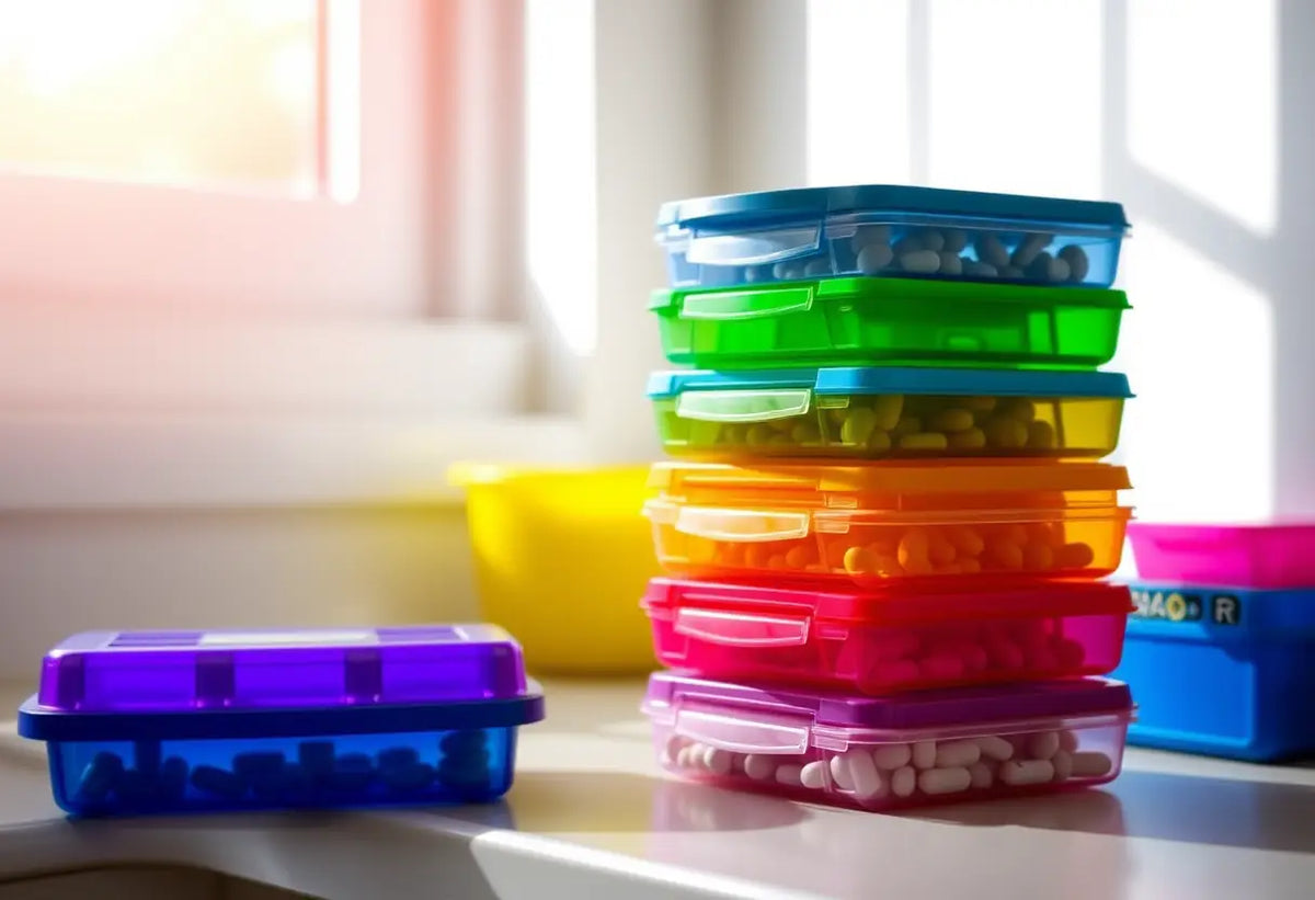 Organisateurs de médicaments colorés sur un comptoir, lumière naturelle