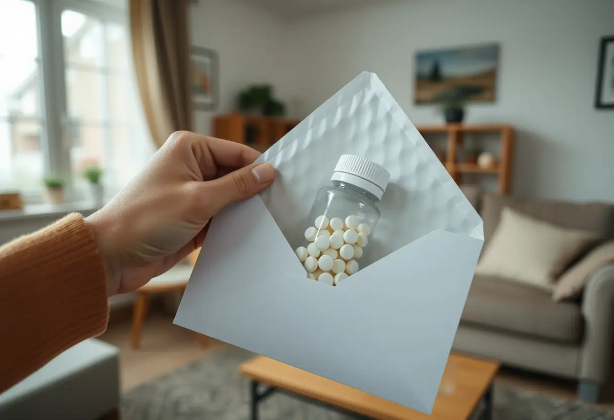 Des mains déballant un colis contenant une bouteille de pilules contraceptives, dans un salon.