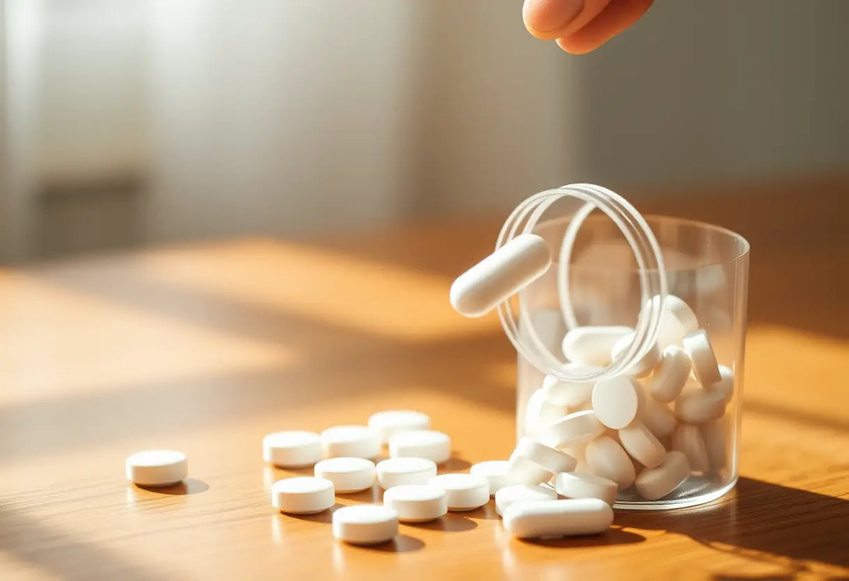 Une bouteille de médicaments posée sur une table avec une pilule en train d'être retirée