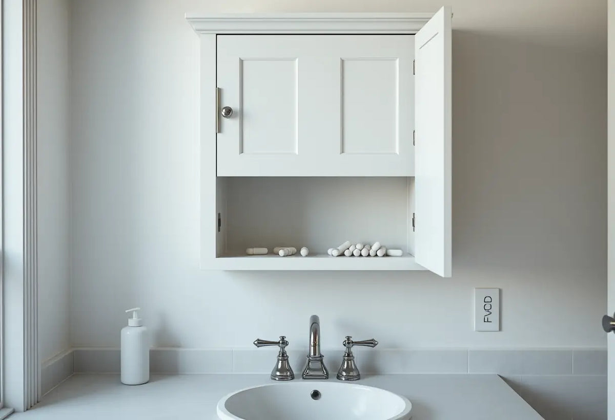 comptoir de salle de bain avec armoire à pharmacie fermée, pas de médicaments visibles