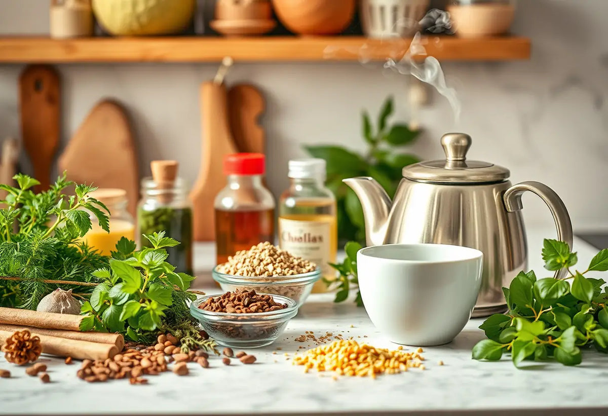 Étagère de cuisine avec épices et thé, soins et remèdes naturels