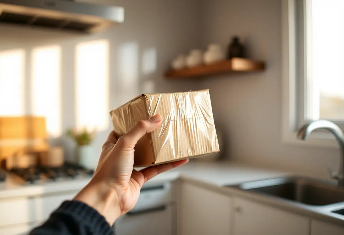 Une main féminine tient une petite boîte cartonnée sur un comptoir cuisine au petit matin, lumière naturelle